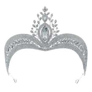 Detail shot of elegant silver bridal tiara featuring leaf-shaped crystal and rhinestone inlay