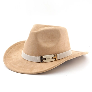 Khaki wool felt jazz fedora with white braided band and gold buckle on white background