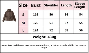 Tableau détaillé des tailles pour la veste courte matelassée incluant buste et longueur