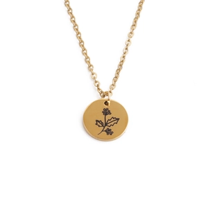 Gold stainless steel birth flower pendant necklace with elegant floral engraving