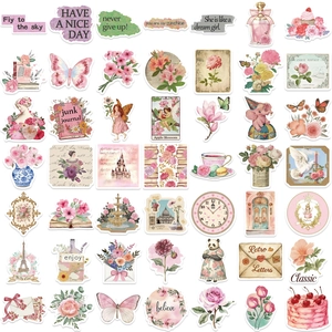 50pcs vintage pink girl doodle stickers for laptop and luggage with retro floral patterns