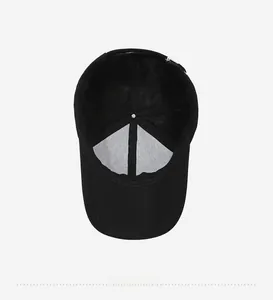 Détail de l'intérieur d'une casquette de baseball noire avec structure à six panneaux