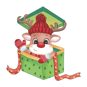 Cute Christmas reindeer in a gift box sticker for bathroom and home holiday decoration