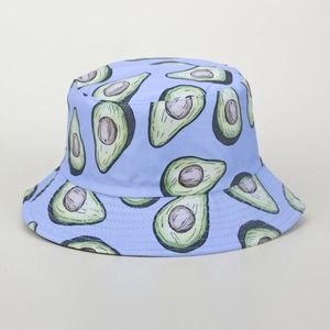 Light blue canvas bucket hat with avocado print shown centered on a neutral background