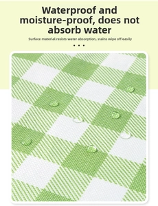 Close-up of green checkered Oxford fabric with waterproof droplets and weave texture