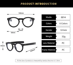 Size chart showing 146mm total width and PC frame specifications for round eyewear
