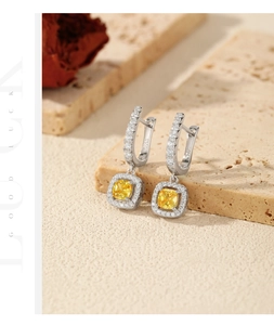 Macro shot of S925 sterling silver earrings featuring yellow square-cut gems and pave stones