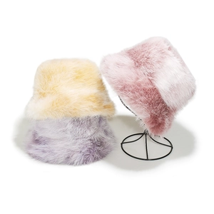 Faux mink fur winter bucket hats in yellow, purple, and pink soft plush fabric