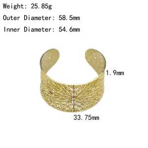 Macro shot of gold hollow flower pattern cuff bangle with 33.75mm width and 1.9mm thickness