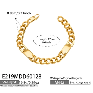 Detail showing 0.8cm width and 17cm length of golden stainless steel cuban chain bracelet