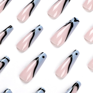 Long french blue and pink press-on nails with black wavy lines on a clean white background