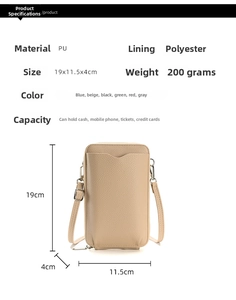 Detalle del mini bolso bandolera de cuero PU con dimensiones y opciones de colores