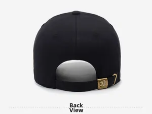 Detail view of the black cotton baseball cap showing back metal buckle and embroidery