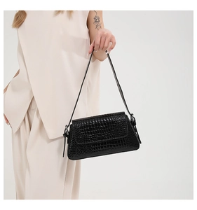 Detail shot of black crocodile embossed PU leather handbag with shoulder strap