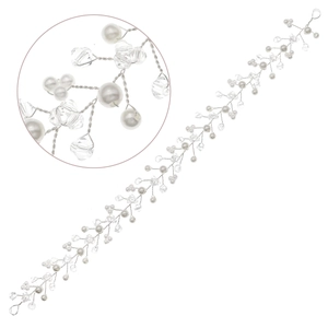 Detail showing handcrafted silver metal wire weaving with pearls and crystals on a bridal headband