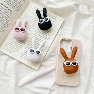 Cute bunny phone grip stand with sunglasses in leather finish set of four colors