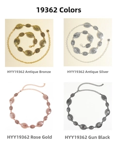 Detail view of retro bohemian metal waist chains in bronze, silver, and rose gold finishes