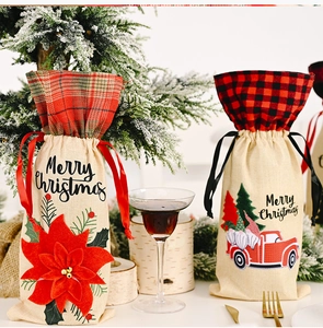 Christmas burlap wine bottle covers featuring poinsettia and red truck holiday patterns