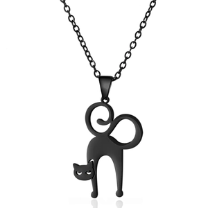 Halloween black cat pendant necklace in stainless steel with arched cat silhouette
