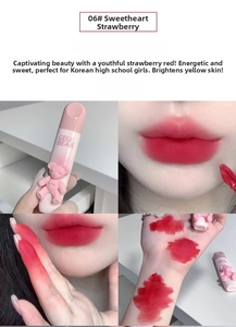 Lip glaze texture detail and 06 Sweet Strawberry color swatch on lips and arm