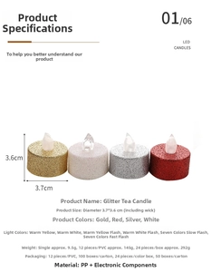 Detailed specs of LED glitter tea light candles in gold silver and red finishes