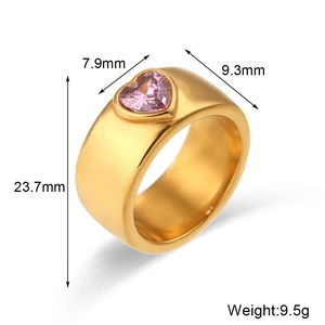 Y2K 18K gold plated ring with pink heart cubic zirconia and wide band measurements