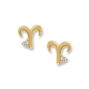 Detailed view of golden Aries zodiac earrings featuring a single sparkling zircon stone