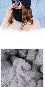 Close-up of thick grey plush lining and knitted neck warmer with decorative buttons