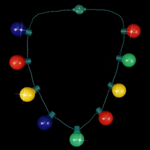 Macro detail of 9 LED light bulbs in red yellow blue green for Christmas necklaces