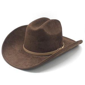 Classic dark brown wide brim western cowboy wool felt hat with leather belt strap detail