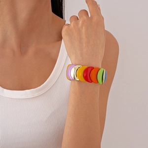 Colorful acrylic geometric disc bracelet with vibrant multicolor circles for women