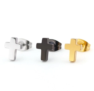 Detailed view of mini stainless steel cross stud earrings in silver, gold, and black colors