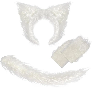 Three-piece white plush wolf costume set with ears headband, tail, and paw gloves