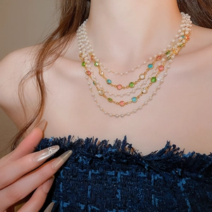 Detail of multi-layer necklace with white pearls and vibrant colorful crystal beads