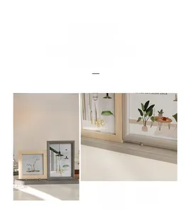 Detail of 3D geometric picture frames with wood grain texture and modern minimalist design