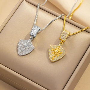 Shield Pendant Necklace Titanium Steel With Cubic Zirconia Starburst Star Box Chain For Women