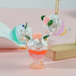 Mini Simulation Ice Cream Sundae Cup Keychain Resin Dessert Parfait Pendant Metal Ball Chain Gradient Cream Flower