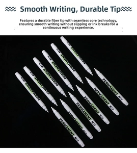 Detail showing 10 white permanent markers with durable fiber tips and black background