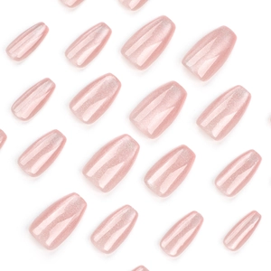 Cat eye nude pink press-on nails set with silver glitter and coffin shape design
