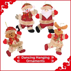 Set of four plush Christmas ornaments featuring Santa, snowman, bear, and reindeer dolls