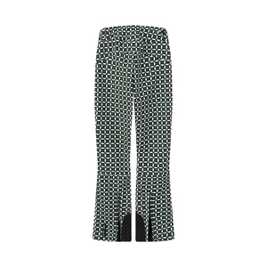 Dettaglio dei pantaloni da sci da donna con stampa geometrica, zip sull'orlo e rinforzi