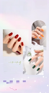 Detailed close-up showing red, orange, and dark green glossy nail polish from 40 colors