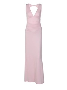 Pink slim-fit maxi dress with deep V-neck and ruched waist detail on white background