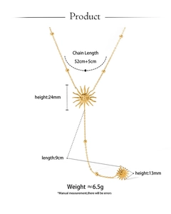 Detailed dimensions of golden sun pendant necklace with 52cm chain and 9cm drop