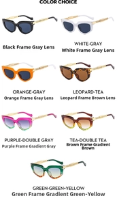 Matrix view of cat eye sunglasses showing multiple frame colors and metal chain temples