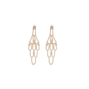 Elegant gold hollow chandelier earrings with sparkling rhinestones on a clean white background