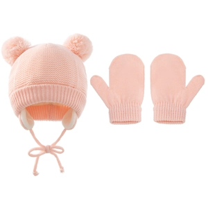 Warmes rosa Strickset für Babys mit Mütze, Handschuhen, zwei Pompons und weichem Fleecefutter