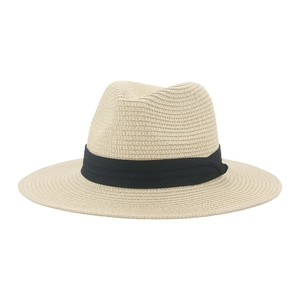 Classic beige Panama straw sun hat with black ribbon band and wide brim for summer beach