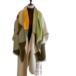 Fashionable geometric color-block knit shawl scarf with soft fringes for autumn and winter