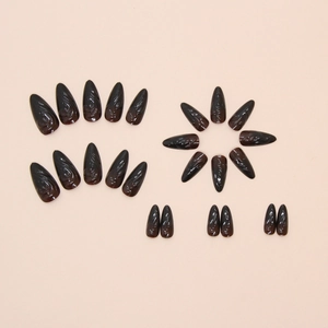 Gradient dark brown almond press-on nails with 3D embossed swirl marble texture